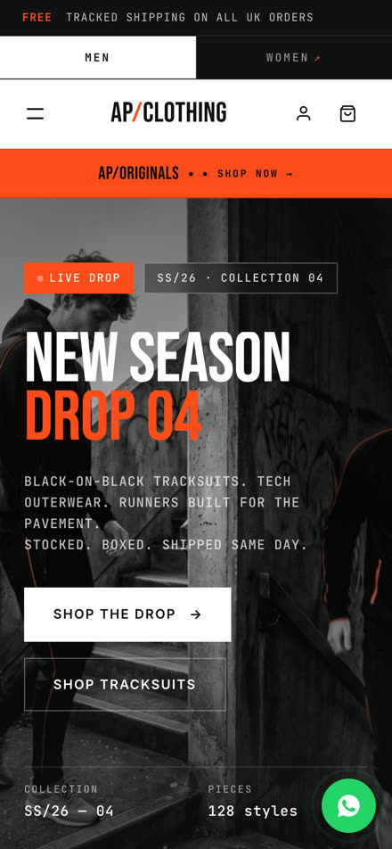 AP Clothing — online streetwear store, mobile view